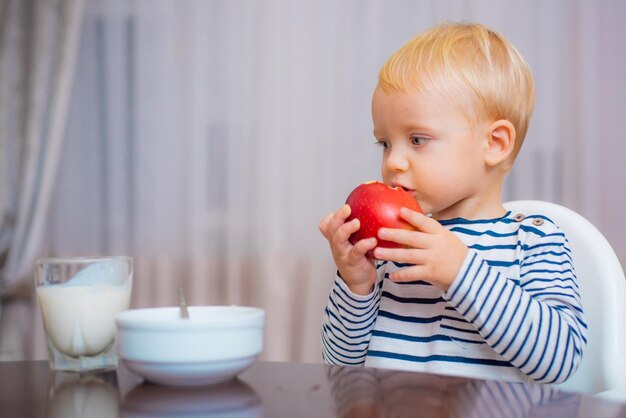 Kind eet appel Kind schattige jongen zit aan tafel met bord en eten Gezonde voeding Jongen schattige baby eet ontbijt Babyvoeding Eet gezond Peuter met snack Gezonde voeding Vitamine concept