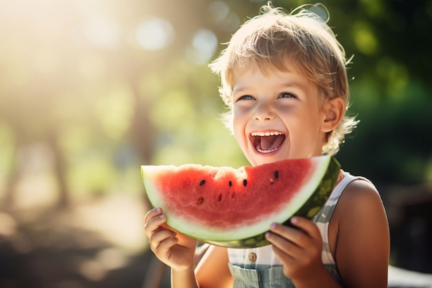 Kind eet watermeloen buiten in hete zomer