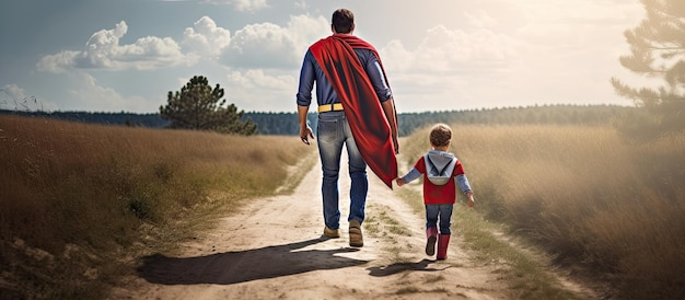 Foto kind en vader spelen buiten en omarmen het succes en de vreugde van de verbeelding van kinderen