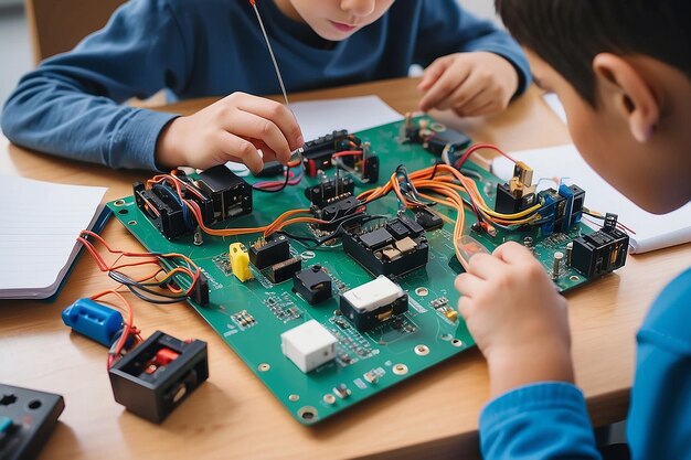 kind experimenteert met elektrische circuits terwijl hij robots bouwt tijdens de techniekles op school