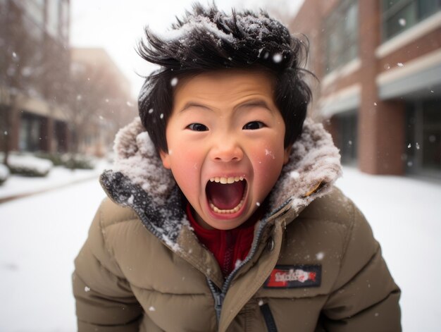 kind geniet van de besneeuwde winterdag in speelse pose