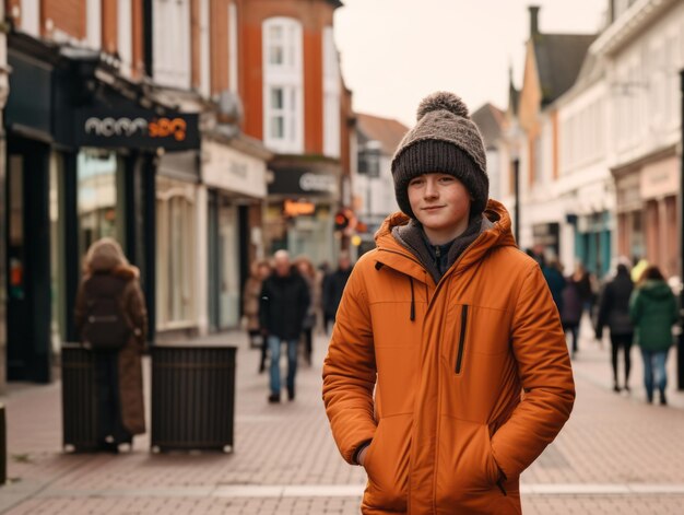 Kind geniet van een rustige wandeling door de levendige straten van de stad