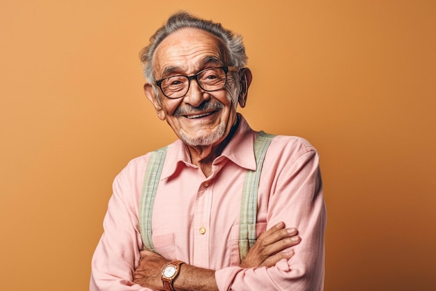 Kind gentleman in suspenders smiling with arms crossed on an orange background Generative AI