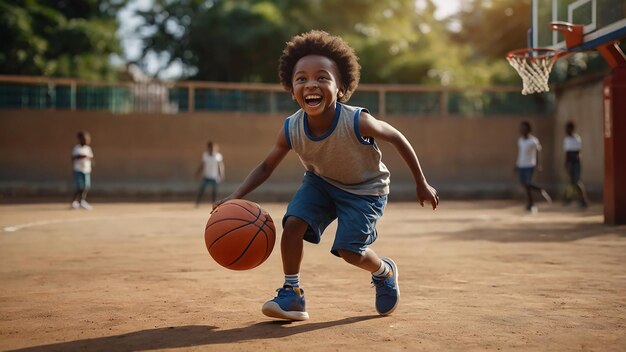 Kind glimlacht en springt jongen speelt basketbal