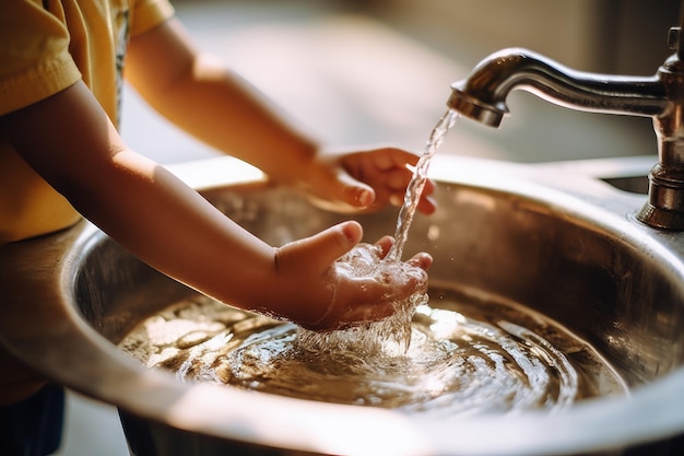 Kind handen wassen in gootsteen AI gegenereerd