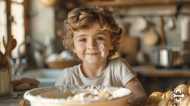Kind helpt gretig met het mengen van koekjesdeeg in de keuken