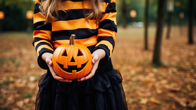 Kind houdt een Halloween pompoen in een Halloween kostuum foto voor feest uitnodiging kopie ruimte