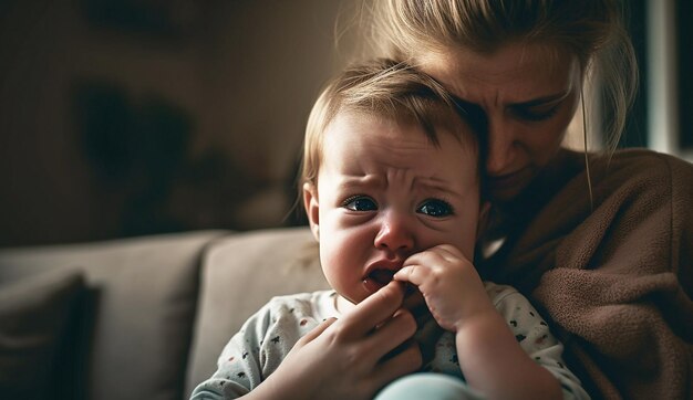 Kind huilt in de kamer in de armen van zijn moeder een liefhebbende jonge moeder knuffelt en troost haar kleine