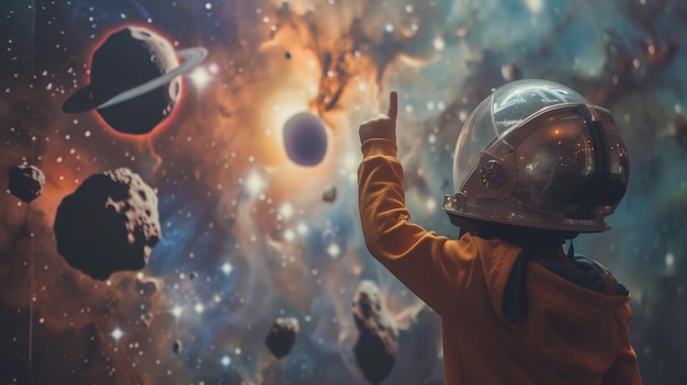Kind in astronaut helmet droomt groot en wijst naar asteroïden poster voor Internationale Asteroïde Dag Asteroïde dag