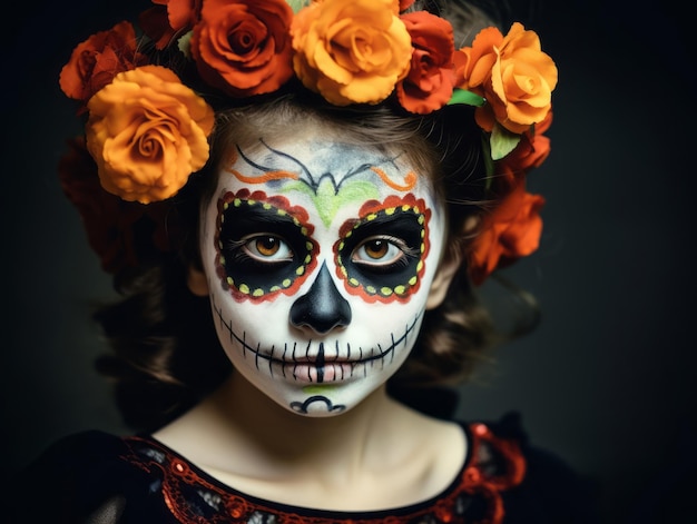 kind in Day of the Dead-make-up met speelse emotionele dynamische pose