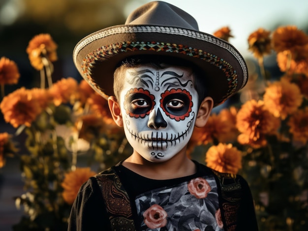 kind in Day of the Dead-make-up met speelse emotionele dynamische pose