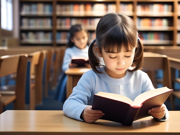 Kind in de schoolbibliotheek Kinderen die boeken lezen Kinderen die boek lezen ai