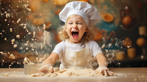 Kind in een chef-kokhoed probeert koekjes te maken een puinhoop van meel en vreugde op de toonbank