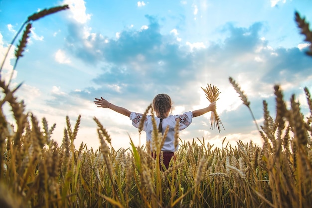 Kind in een tarweveld In vyshyvanka het concept van de Onafhankelijkheidsdag van Oekraïne Selectieve focus