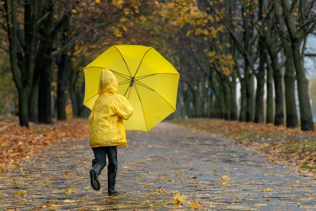 Kind in gele regenjas met een paraplu in zijn handen loopt door regenachtig herfstpark Achteraanzicht