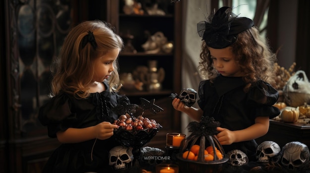 Kind in Halloween kostuum Kleine kinderen met pompoen lantaarn en snoep emmer Herfst vakantie plezier