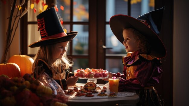 Kind in Halloween kostuum Kleine kinderen met pompoen lantaarn en snoep emmer Herfst vakantie plezier