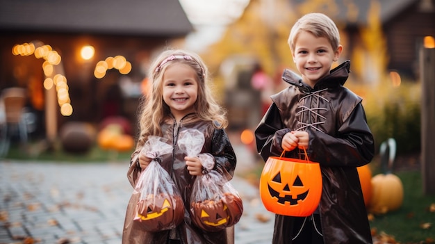 Kind in Halloween kostuum Kleine kinderen met pompoen lantaarn en snoep emmer Herfst vakantie plezier