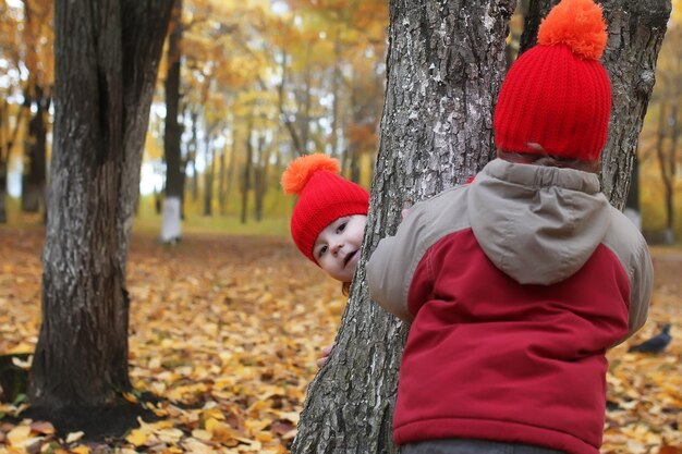 Kind in herfstpark verborgen achter boom en glimlach