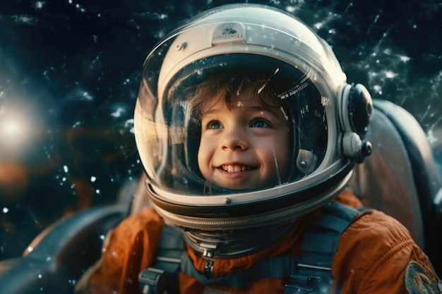 Kind in ruimtepakhelm zweeft door school, prachtige generatieve AI AIG32