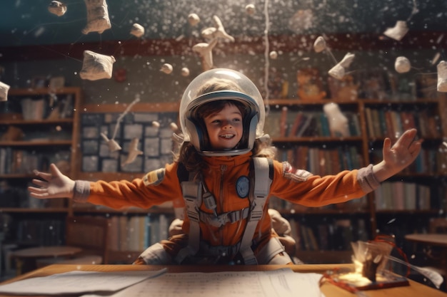 Foto kind in ruimtepakhelm zwevend door klaslokaal en bestudeert astrologie, prachtige generatieve ai aig32