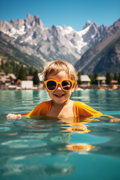 kind in zonnebril in het zwembad tegen de achtergrond van de bergen