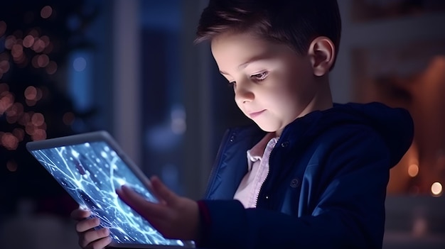 Kind jongen die deelneemt aan een virtuele klas de tablet in de hand die naadloos online onderwijs vergemakkelijkt