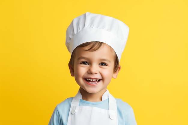 Kind jongen in chef hoed en schort glimlachend naar de camera op een gele achtergrond