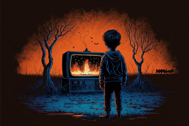 Kind kijkt gloeiend en vonken komen uit de televisie Nachtscène van de jongen die naar een antieke televisie kijkt die gloeit en vonken vliegen uit digitale kunststijl illustratie schilderij