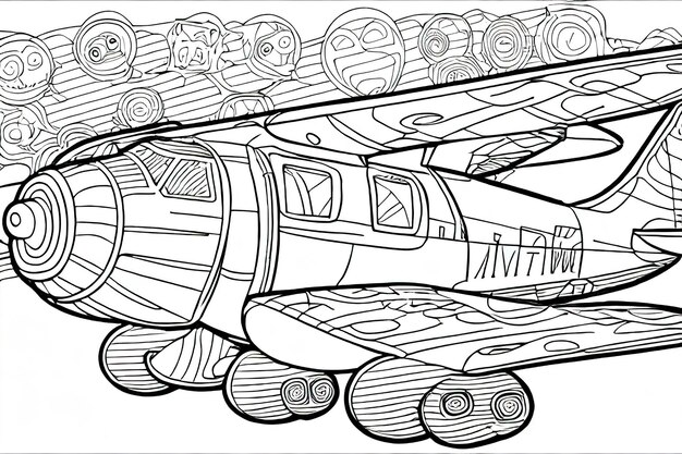 Foto kind kleurboek vliegtuig cartoon dikke lijnen zwart en wit witte achtergrond ai gegenereerd illustratie