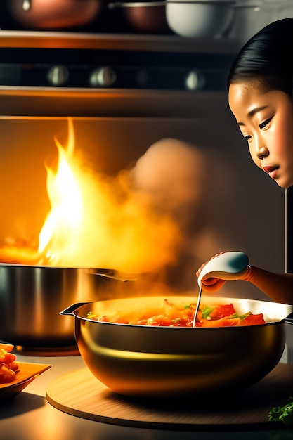 Foto kind kookt eten in de keuken