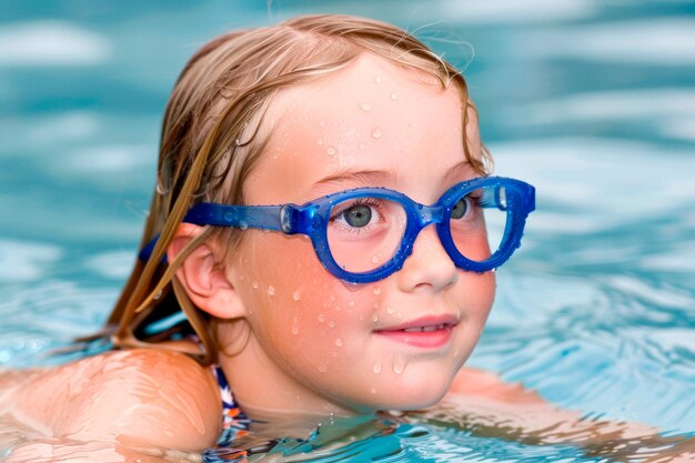 Kind leert zwemmen met een bril in helderblauw zwembadwater