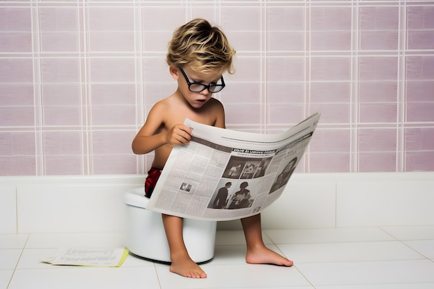 Kind leest krant en toiletbezoek op de pot