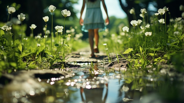 Kind loopt in de waterweg met gras
