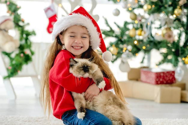 Kind meisje knuffelen ragdoll kat in de kersttijd in de kamer met versierde boom op de achtergrond en glimlachen. Mooi kind met kerstmuts met huisdier thuis in Nieuwjaar