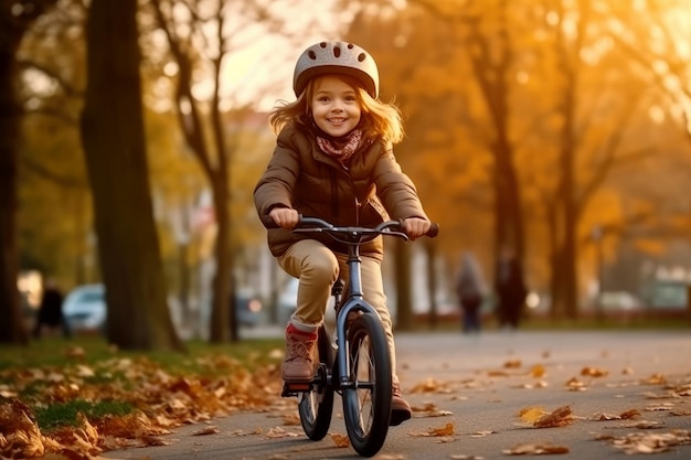 Kind met beschermende helm rijdt buiten op een fiets