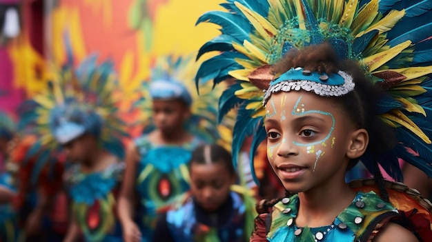 Kind met carnaval met verenkostuums en artistieke make-up Blauwgele en groene kleuren