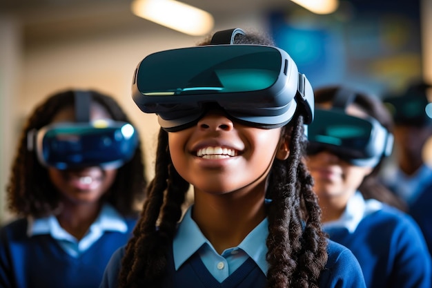 Kind met een VR-googles op school Conceptafbeelding op Ed-technologie en e-learning in de schoolomgeving