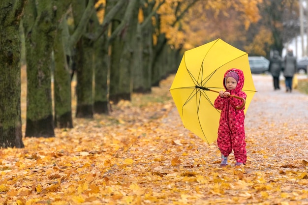Kind met gele paraplu loopt in het herfstpark Geel gebladerte onder de voeten Lopend onder regen