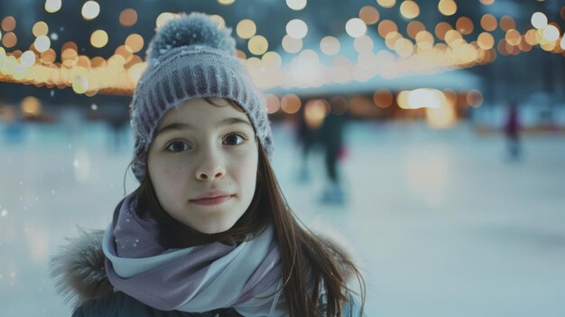 Kind met glinsterende ogen geniet van een magische winter avond schaatsen