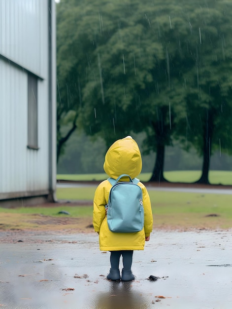 Kind met regenjas en rugzak Concept van terug naar school AI gegenereerd