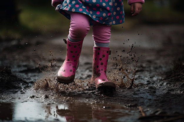 Kind Met Roze Polkadot Rubberen Laarzen Springen In Modderige Plas Generatieve AI