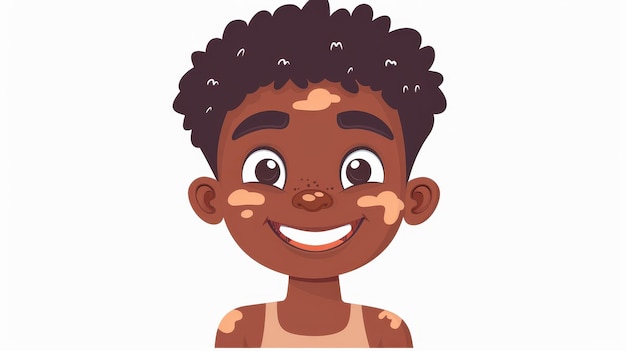 Foto kind met vitiligo glimlachend en met pigmenten op het gezicht en bleke vlekken op de huid leuke vrolijke afro-amerikaanse jongen met een positieve houding flat moderne illustratie geïsoleerd op wit