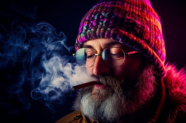 Photo a kind middleaged man with a beard in a knitted cap smoking