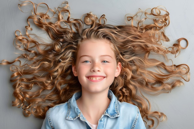 Foto kind model glimlachend met blazend lang haar