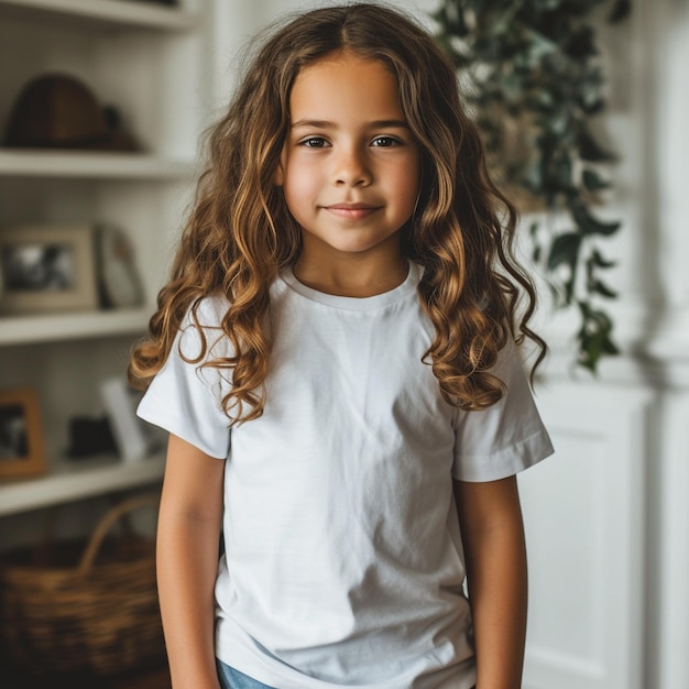 kind model poseert in witte t-shirt mockup achtergrond