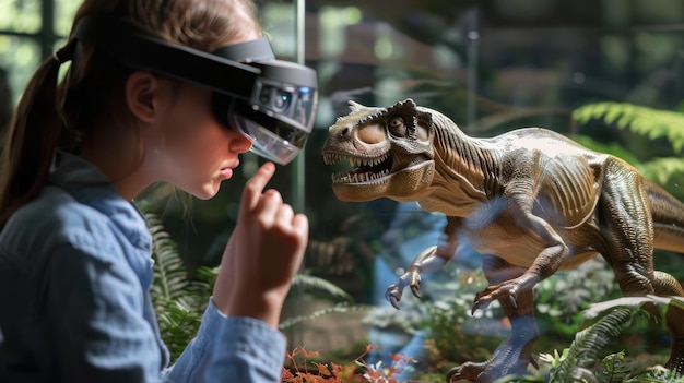 Kind ontmoet TRex in Augmented Reality Een jong meisje met een augmented reality bril is verbaasd als ze interactie heeft met een levensachtige Tyrannosaurus Rex in een prehistorische virtuele omgeving