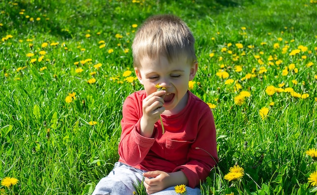 Kind plukt en ruikt bloemen lenteallergie