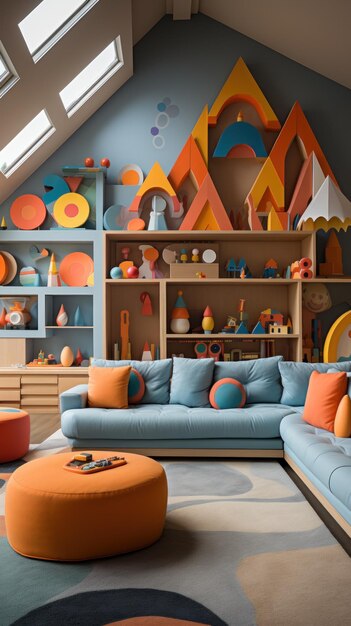 A kind and relaxing scene of a children's playroom in the Bauhaus style Created with Generative AI