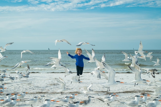 Kind rent naar een groep vogels op zee strand kind rent naar de vogels gelukkig schattig kind rent dichtbij